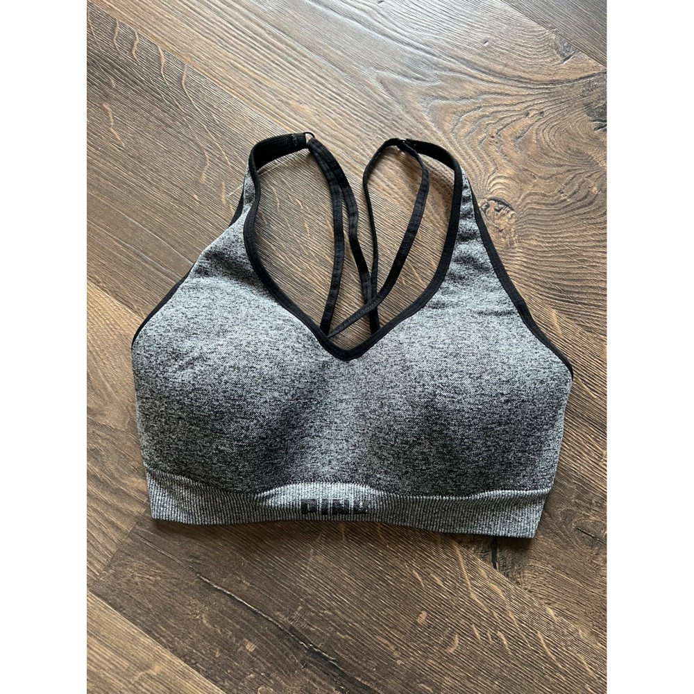 PINK Victoria's Secret Sports Bra Gray Heathered Strappy‎ Medium Impact Size SC